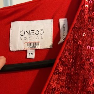New One33 Social Red Sequin Drape Mini Dress 14